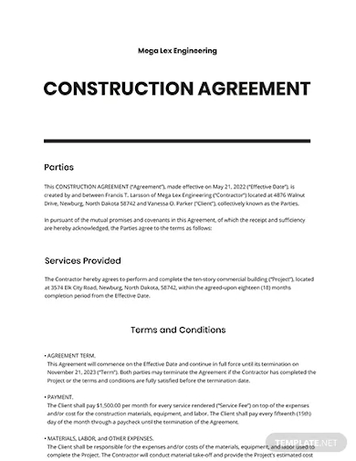 construction agreement template