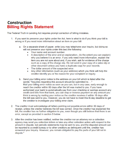 construction billing rights statement