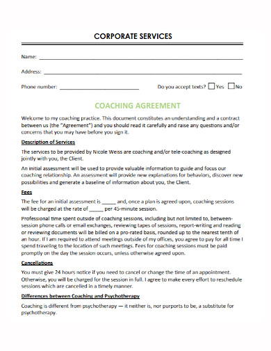 corporate services coaching agreement