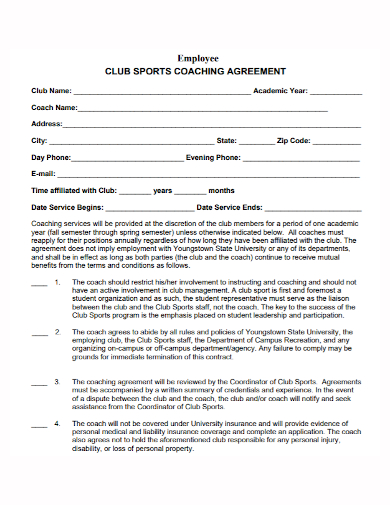 employee club sports coaching agreement