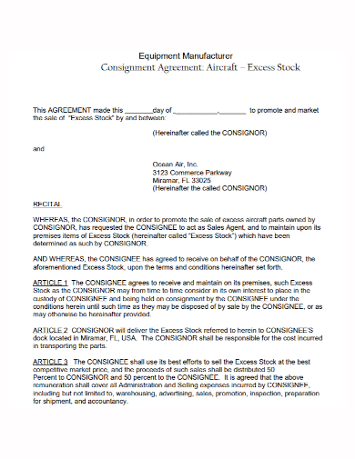 equipment manufacturer consignment agreement
