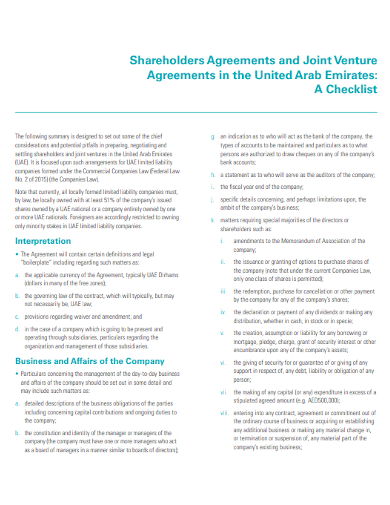 joint venture shareholders agreement checklist