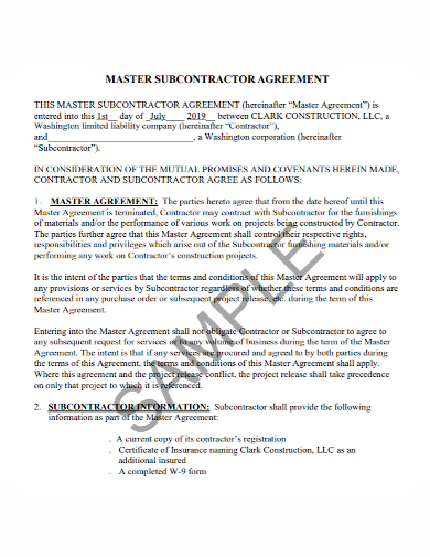 master construction subcontractor agreement