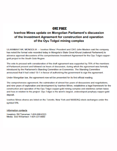 one page construction operation investment agreement