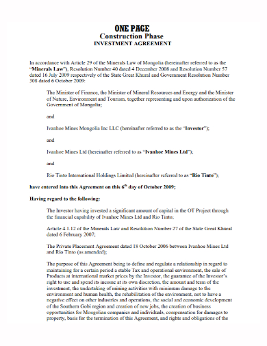 one page construction phase investment agreement