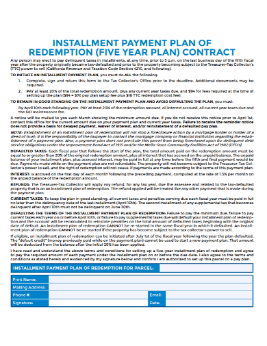 payment plan redemption installment contract
