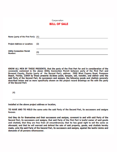 professional bill of sale for corporations