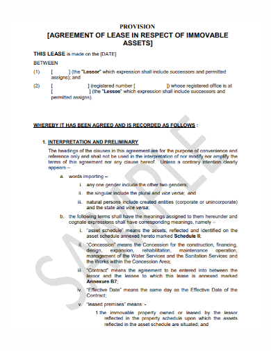 provision of immovable lease agreement