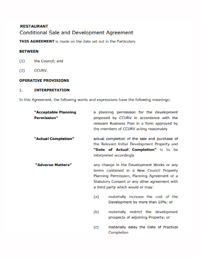 restaurant conditional sale development agreement