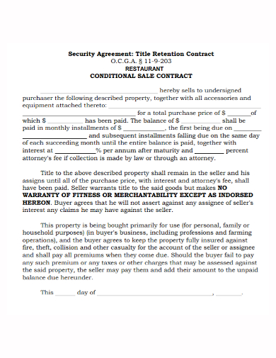 restaurant conditional sale security agreement