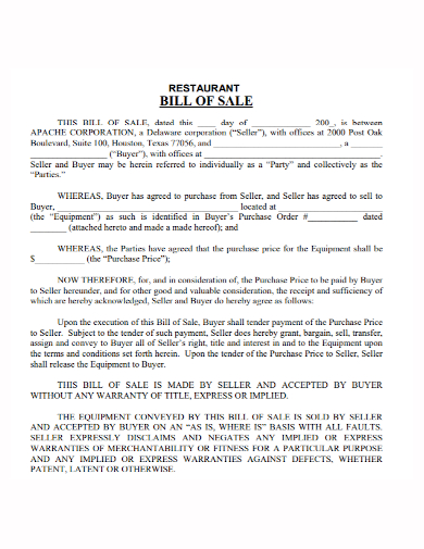 restaurant corporation equipment bill of sale
