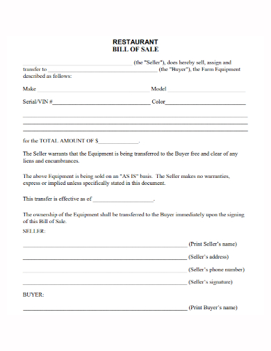 restaurant equipment bill of sale form