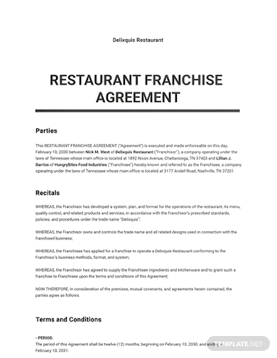 restaurant franchise agreement template