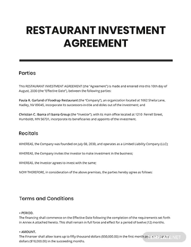 restaurant investment agreement template