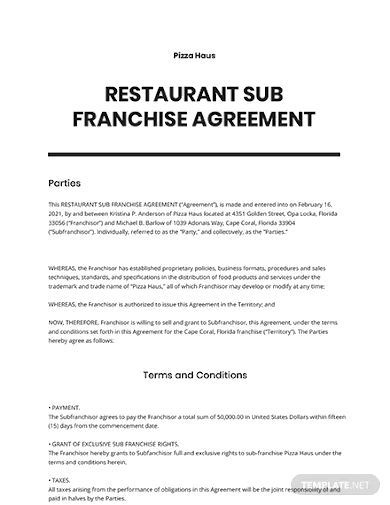 restaurant sub franchise agreement template