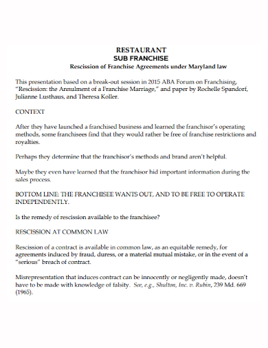 restaurant sub franchise rescission agreement