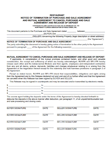 restaurant termination purchase and sale agreement