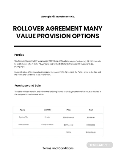 rollover agreement many value provision options
