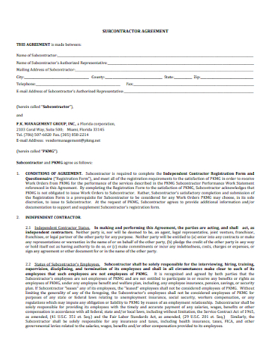 sales applicable subcontractor agreement
