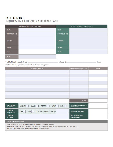 sample restaurant equipment bill of sale