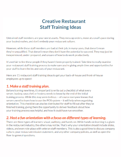 sample restaurant staff training plan