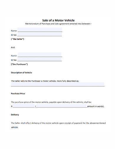 sample vehicle purchase and sale agreement