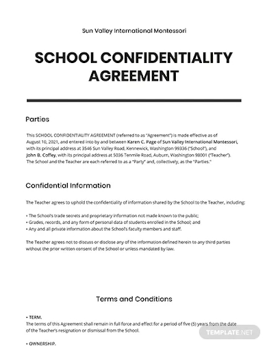 school confidentiality agreement template