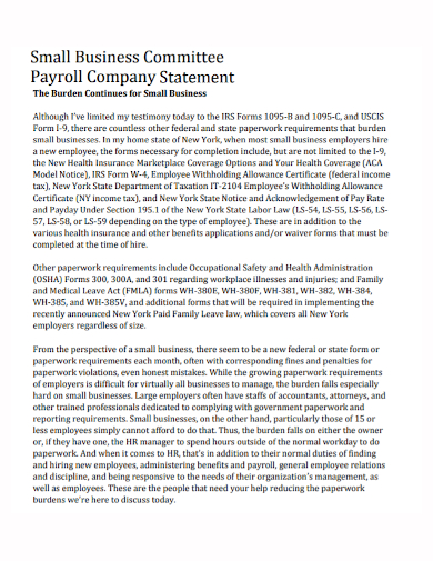 small business committee payroll statement