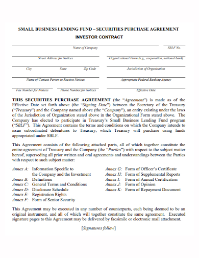 small business fund investor contract