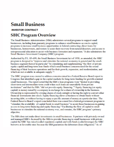 small business program investor contract