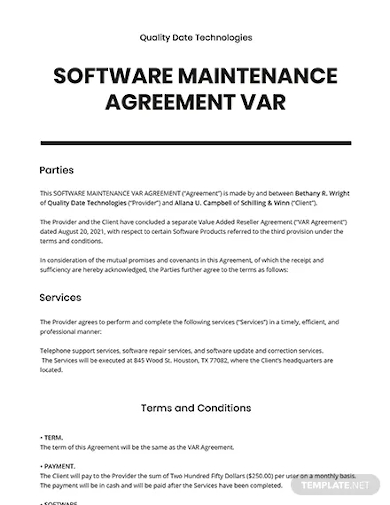 software maintenance agreement var template