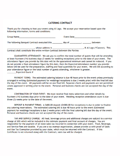 standard catering event contract