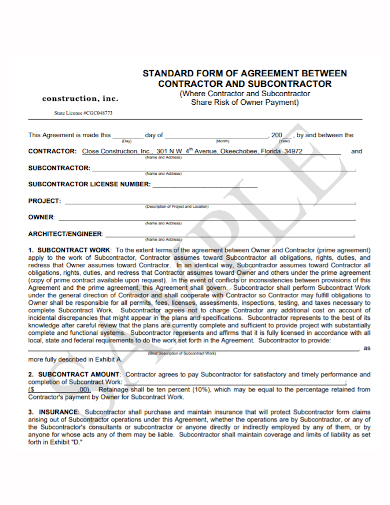 standard form construction subcontractor agreement
