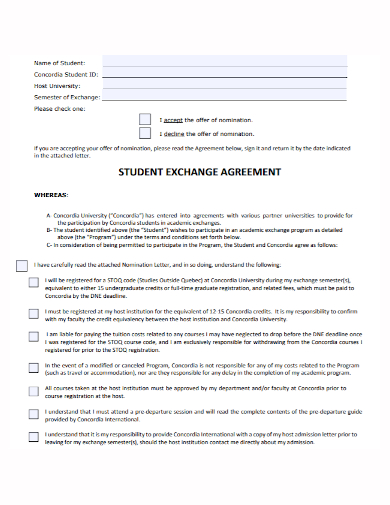 standard student exchange agreement