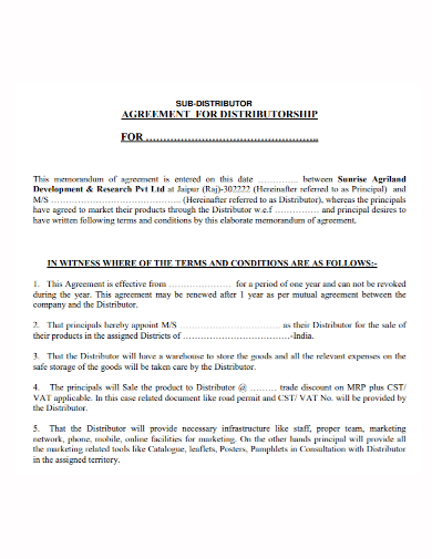 sub distributorship agreement