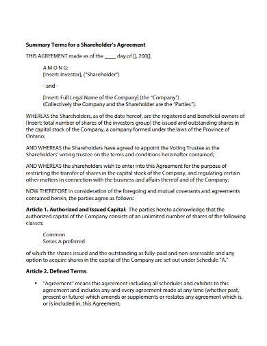 summary term for shareholders agreement