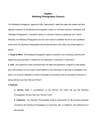 wedding supplier photographer contract
