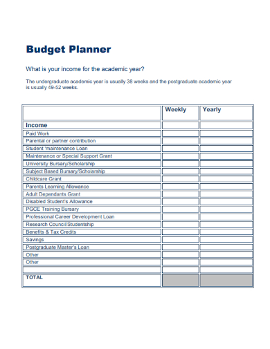 yearly income budget planner