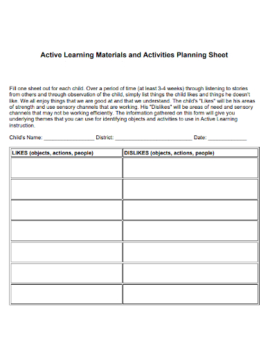 active learning materials and activities planning sheet