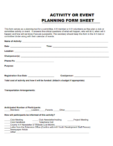 activity or event planning form sheet