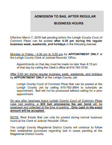 admission to bail after regular business hours