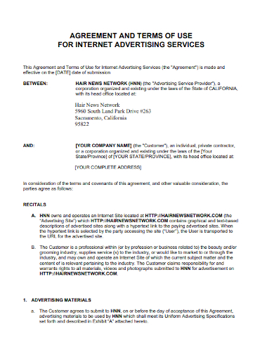 agreement and terms of use internet advertising services