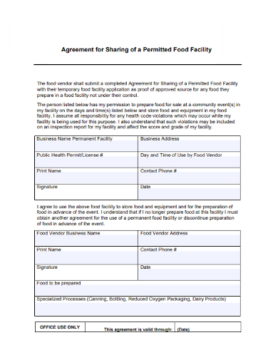 agreement for sharing of a permitted food facility