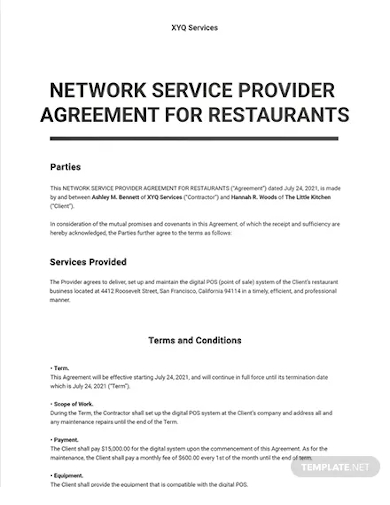 agreement with provider of restaurant network services