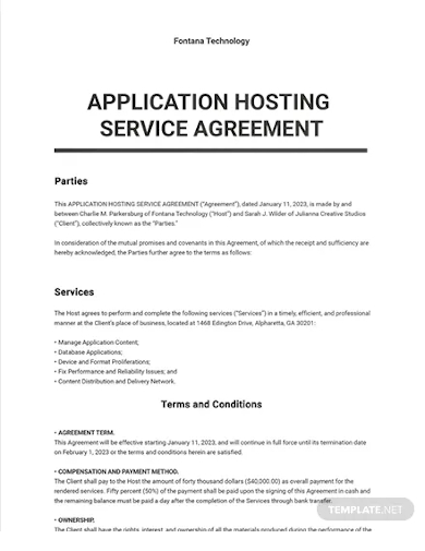 application hosting service agreement template