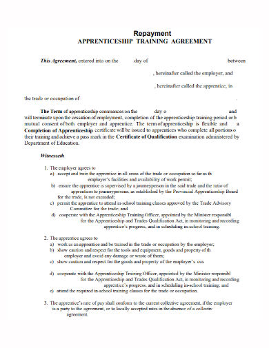 apprenticeship training repayment agreement