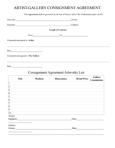 artist consignment artwork list agreement