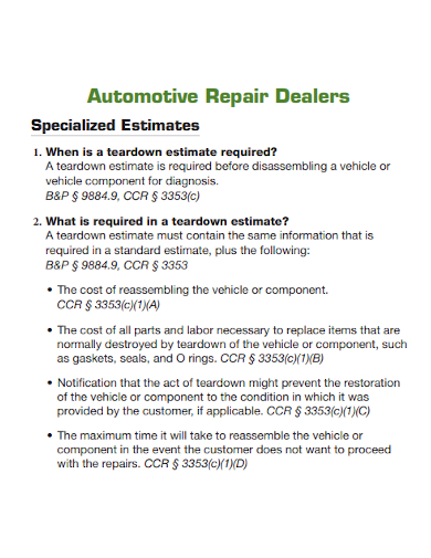 auto repair dealers specialized estimate