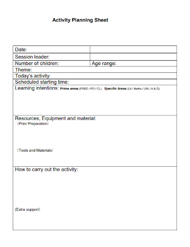basic activity planning sheet