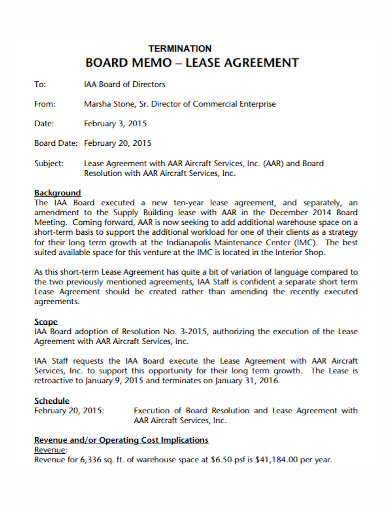 board memo resolution for termination of lease agreement